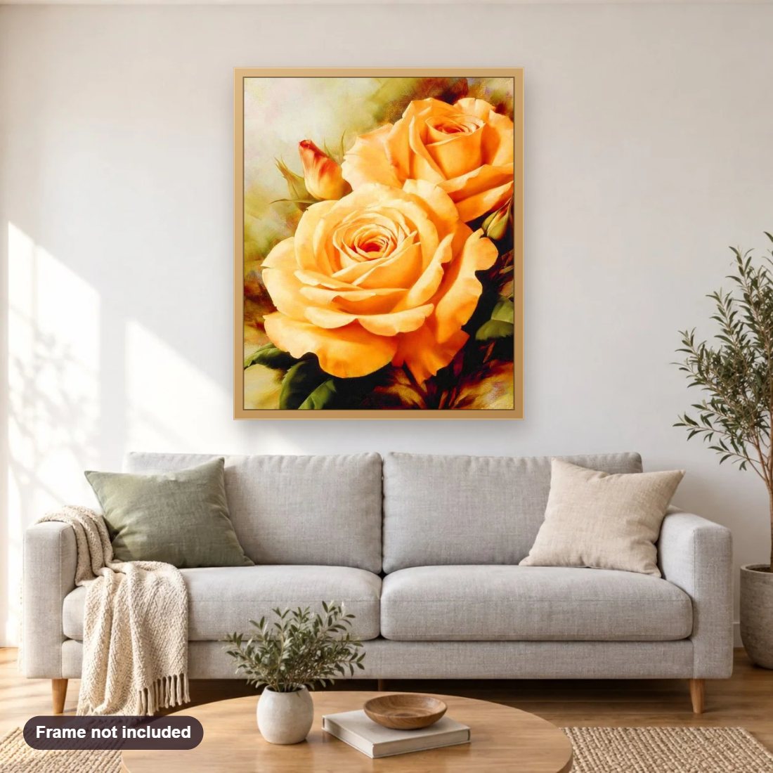 Dark Yellow Roses diamond painting shown framed on a living room wall above a sofa
