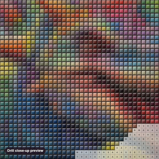 Close-up preview of the Dazzling Dinosaur Portrait diamond painting with square 5D drills and printed canvas symbols