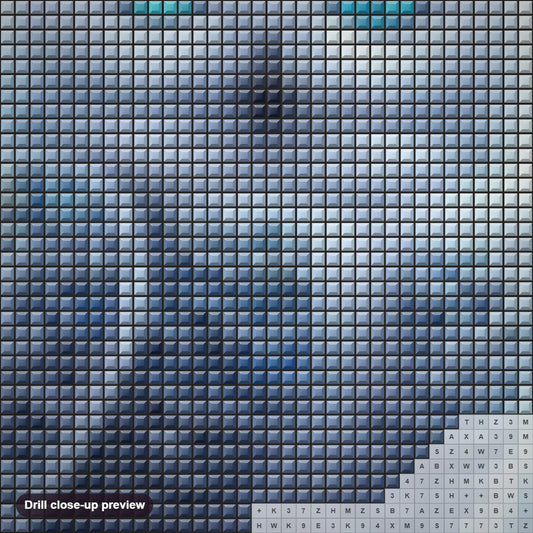 Close-up preview of the Dazzling Owl in Icy Night diamond painting with square 5D drills and printed canvas symbols