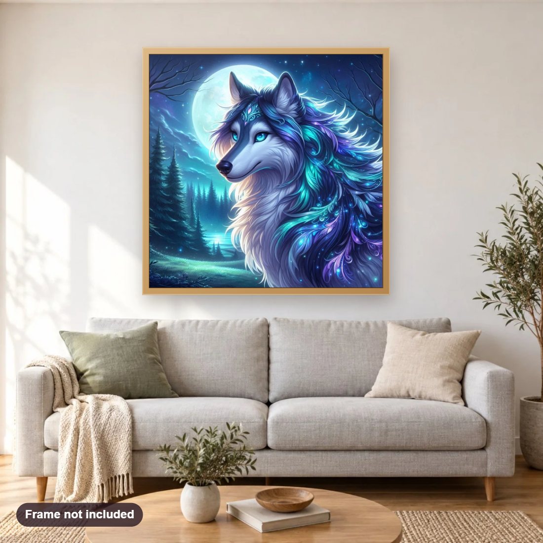 Dazzling Wolf in Starry Night diamond painting shown framed on a living room wall above a sofa