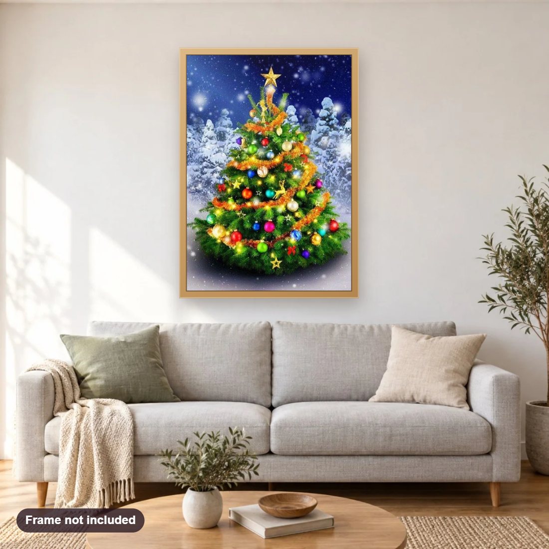 Decorated Christmas Tree diamond painting shown framed on a living room wall above a sofa