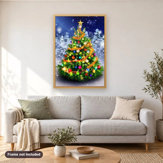Decorated Christmas Tree diamond painting shown framed on a living room wall above a sofa