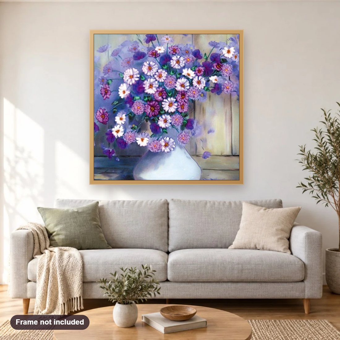 Decorative Flowers diamond painting shown framed on a living room wall above a sofa