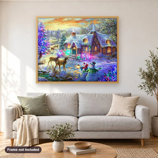 Deer on Christmas diamond painting shown framed on a living room wall above a sofa