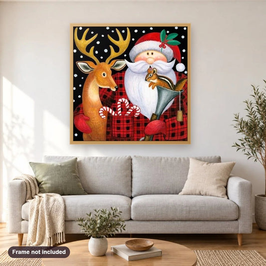 Deer & Santa Claus Christmas celebrations diamond painting shown framed on a living room wall above a sofa