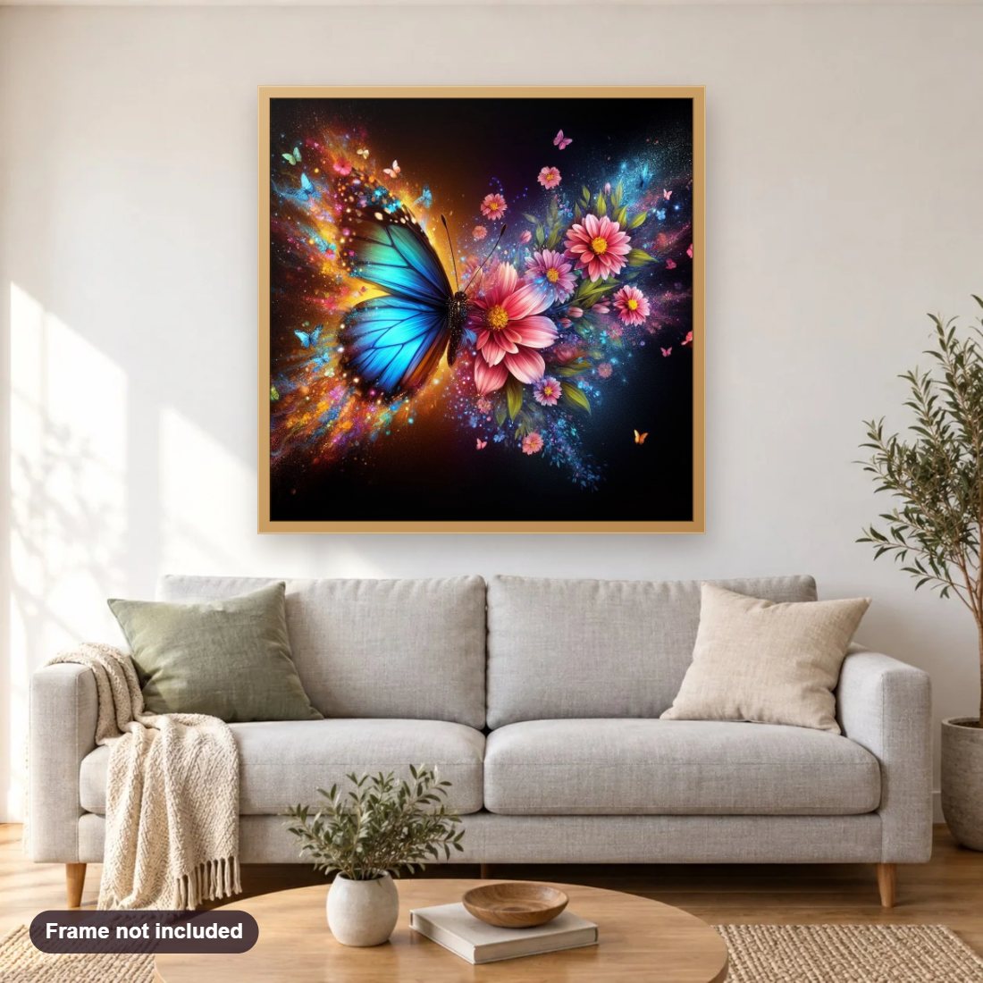 Delightful Union of Butterflies and Flowers diamond painting shown framed on a living room wall above a sofa
