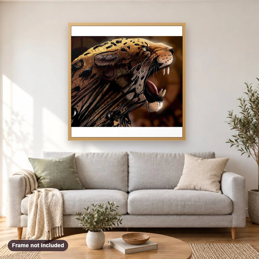 Demon Leopard diamond painting shown framed on a living room wall above a sofa