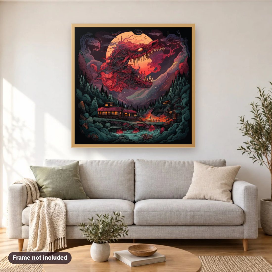 Demonic Creatures Ruling the World diamond painting shown framed on a living room wall above a sofa