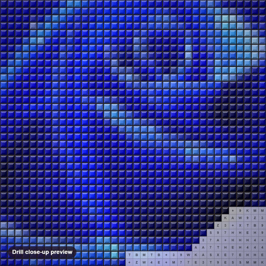 Close-up preview of the Diamond Blue Rose diamond painting with square 5D drills and printed canvas symbols