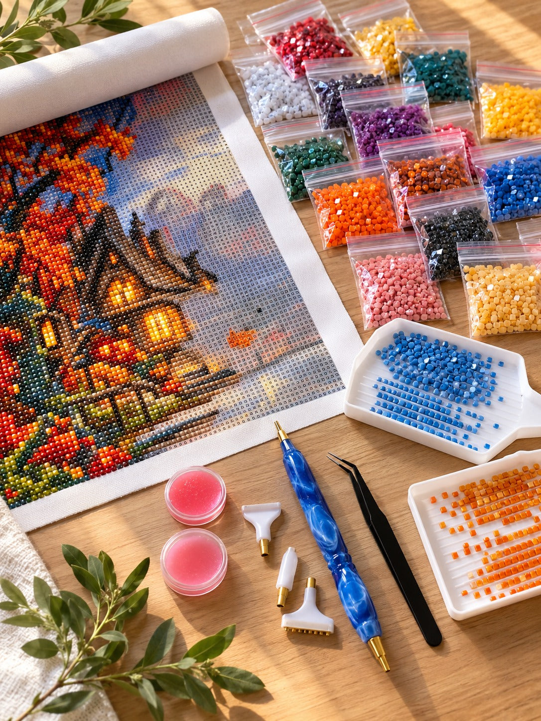 What is included in an All Diamond Painting kit: velvet canvas, resin diamond drills, drill trays, pen, multi-placer, tweezers and wax
