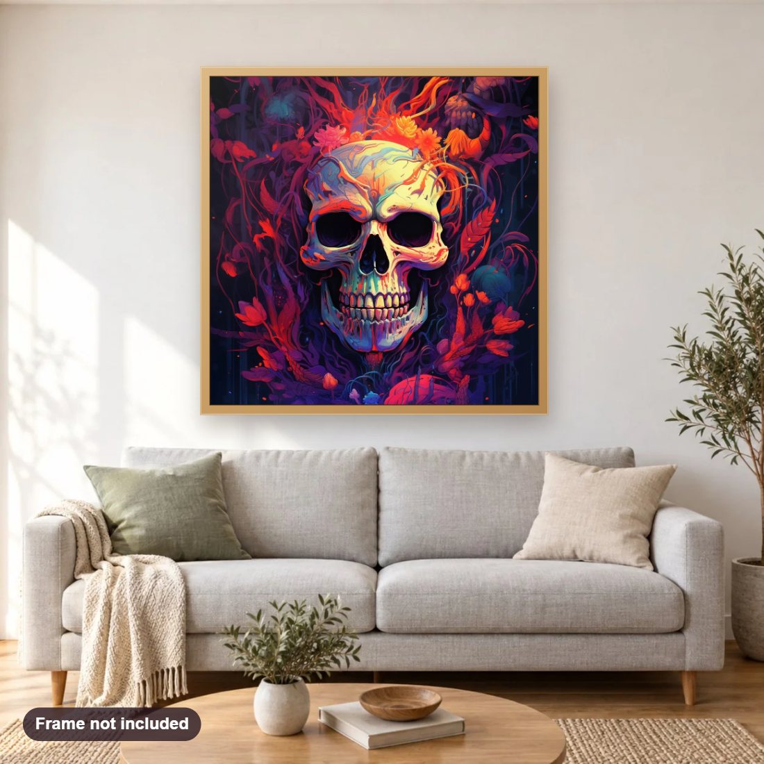 Diamond Painting Skull Art diamond painting shown framed on a living room wall above a sofa