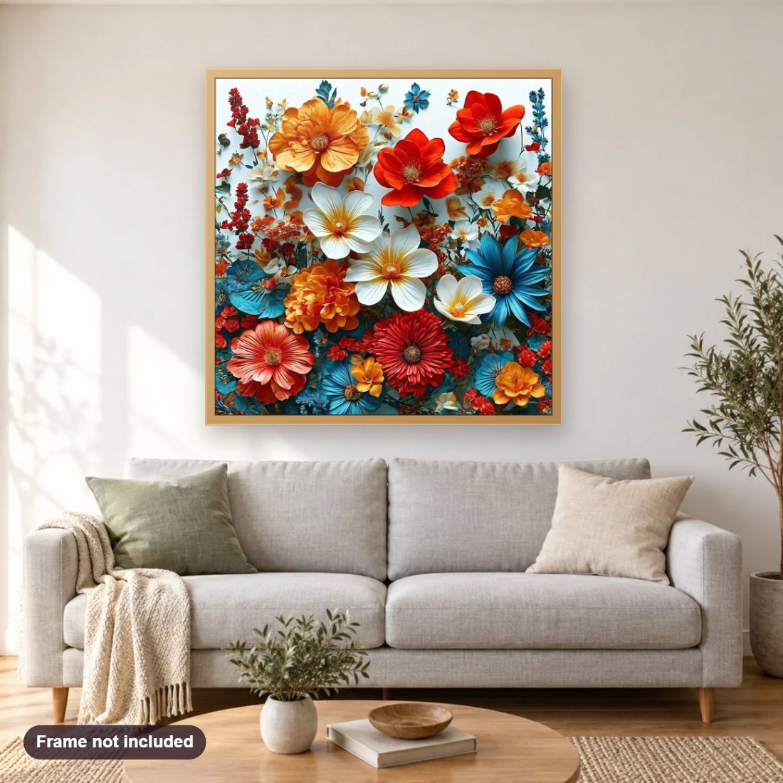 Digital Art of Stunning Flowers diamond painting shown framed on a living room wall above a sofa