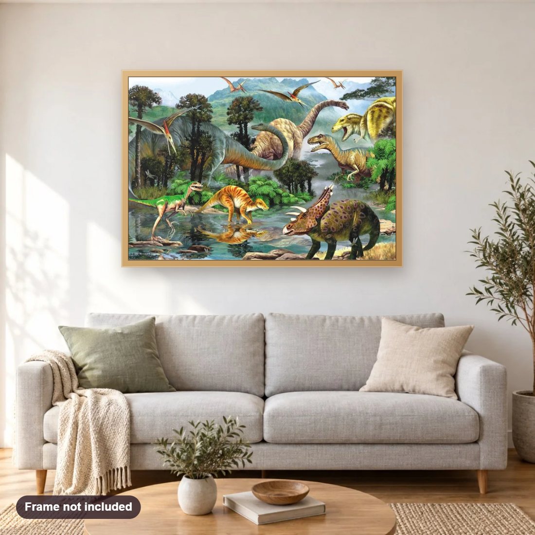 Dinosaurs Kingdom diamond painting shown framed on a living room wall above a sofa