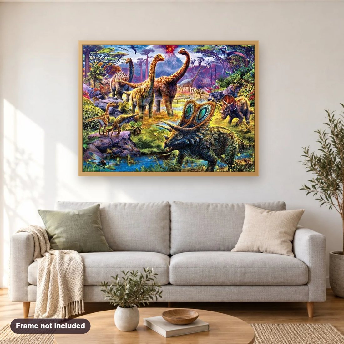 Dinosaurs diamond painting shown framed on a living room wall above a sofa