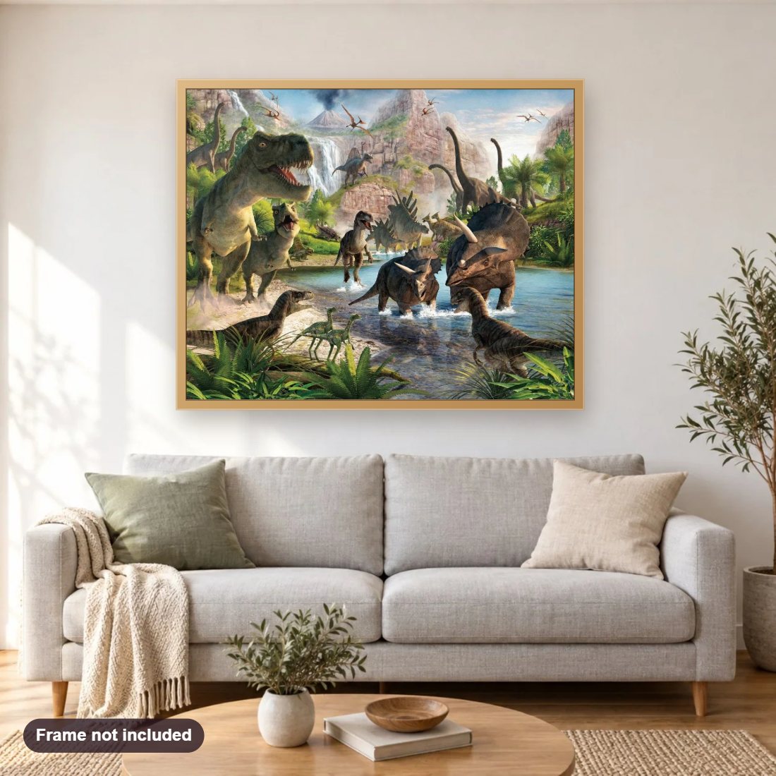 Dinosaurs Species diamond painting shown framed on a living room wall above a sofa