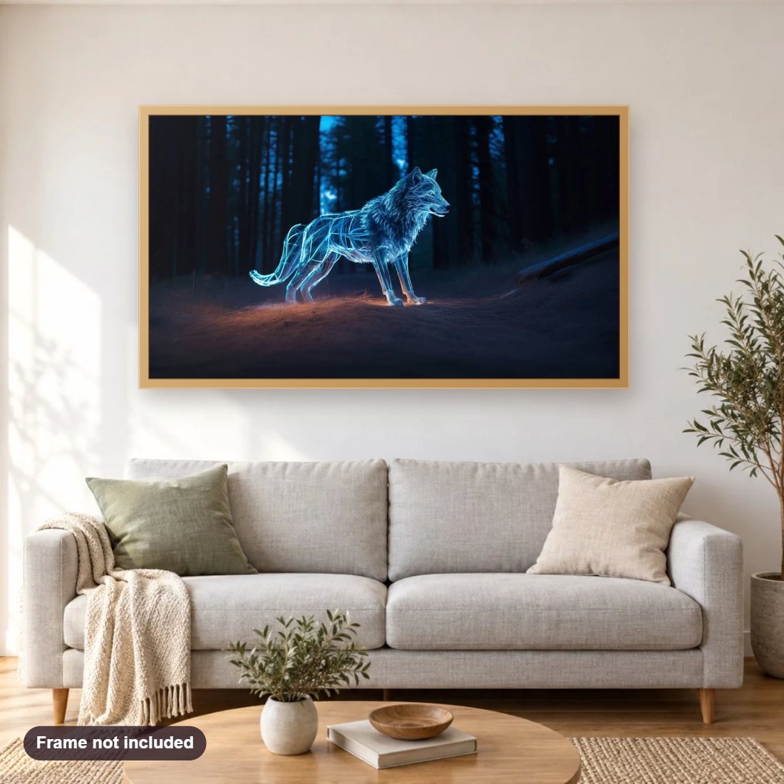 Dire Wolf diamond painting shown framed on a living room wall above a sofa