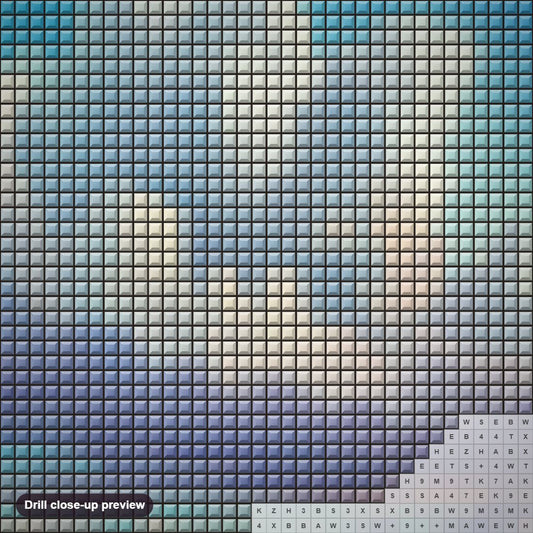 Close-up preview of the Distant Gifts diamond painting with square 5D drills and printed canvas symbols