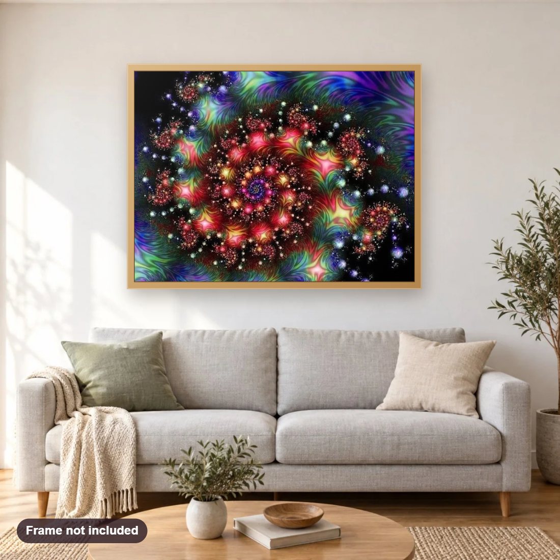 Divine Spark diamond painting shown framed on a living room wall above a sofa