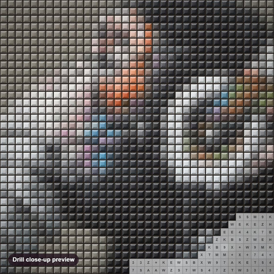 Close-up preview of the Dj Monkey diamond painting with square 5D drills and printed canvas symbols