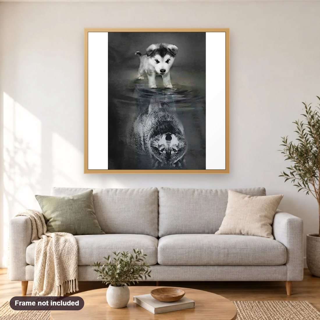 Dog and Wolf diamond painting shown framed on a living room wall above a sofa