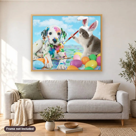 Dog & Cat Celebrating Easter diamond painting shown framed on a living room wall above a sofa
