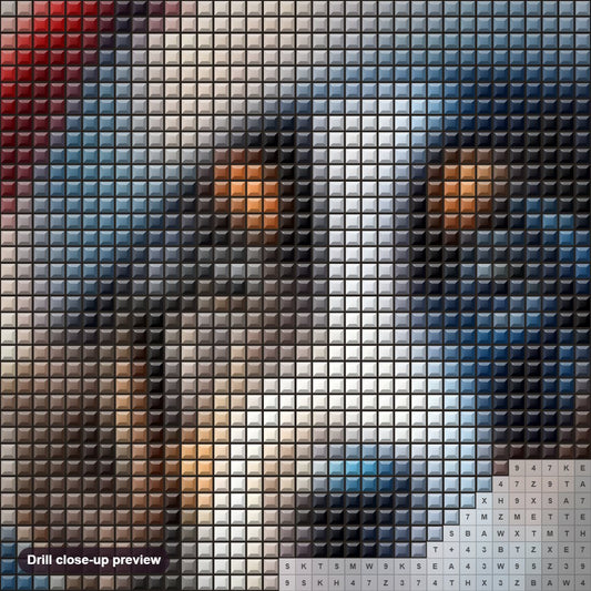 Close-up preview of the Dog in Christmas Costume diamond painting with square 5D drills and printed canvas symbols