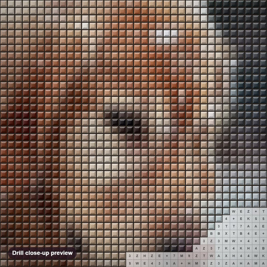 Close-up preview of the Dog in Snow diamond painting with square 5D drills and printed canvas symbols