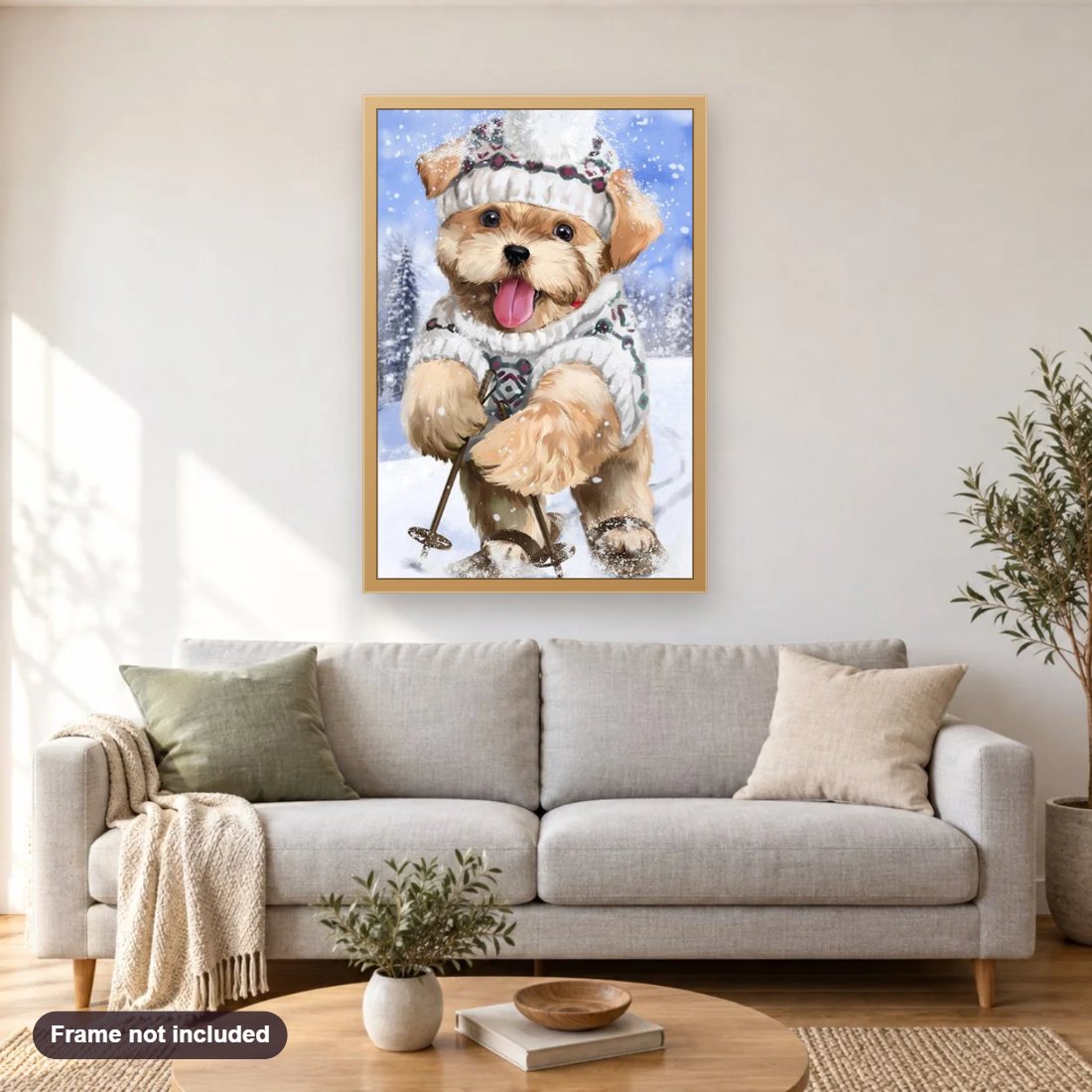 Dog Skating in Snow diamond painting shown framed on a living room wall above a sofa