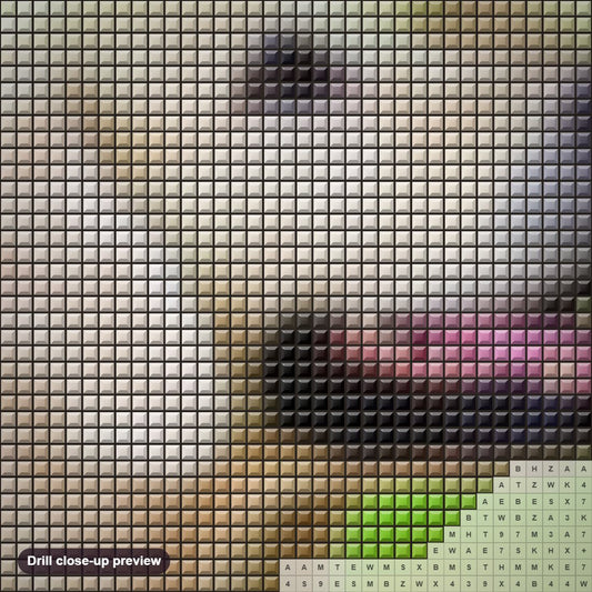 Close-up preview of the Dog with Butterfly on his Nose diamond painting with square 5D drills and printed canvas symbols