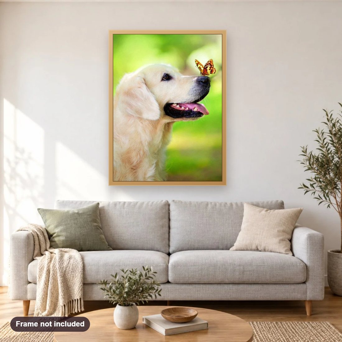 Dog with Butterfly on his Nose diamond painting shown framed on a living room wall above a sofa