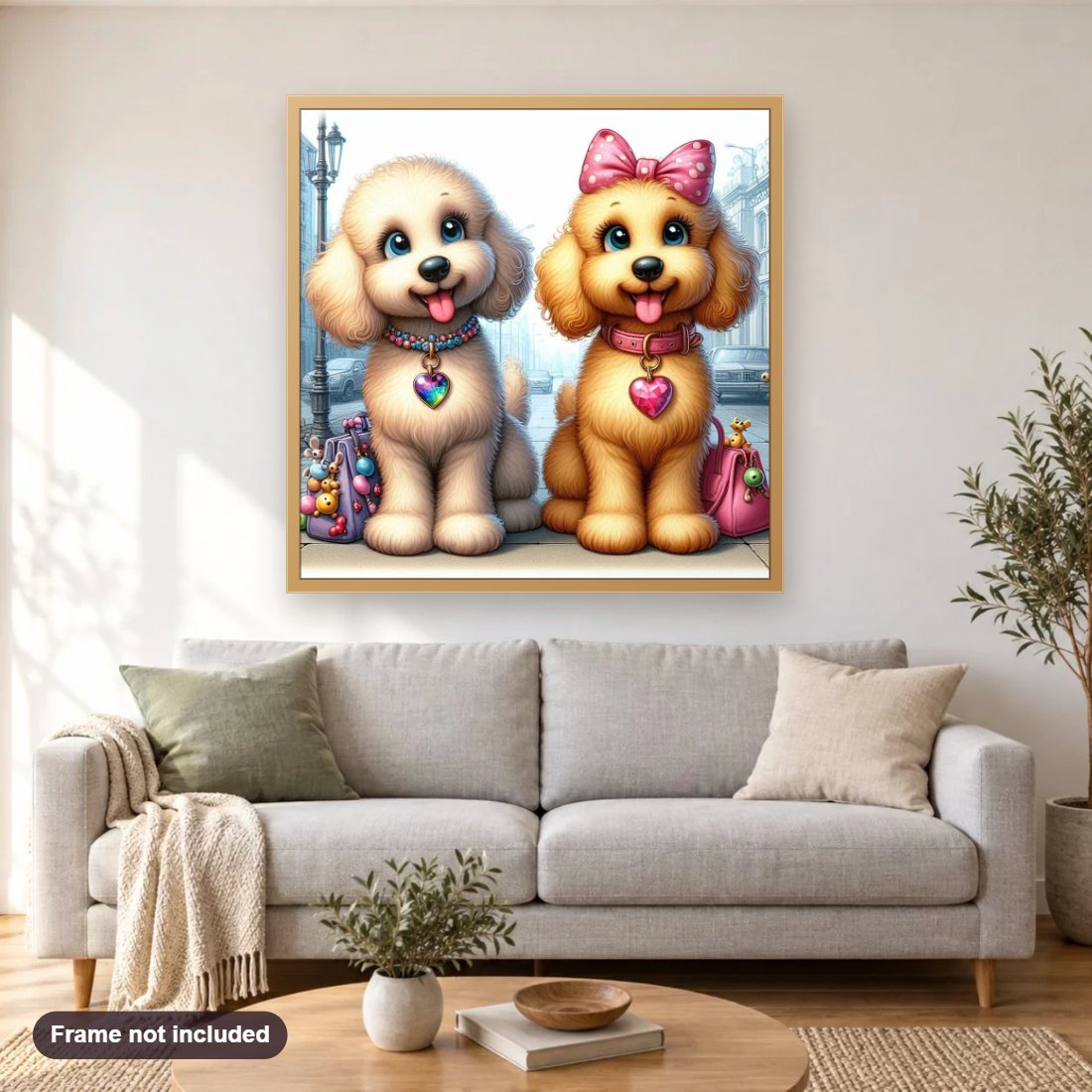 Dogs and Their Heartfelt Bond diamond painting shown framed on a living room wall above a sofa