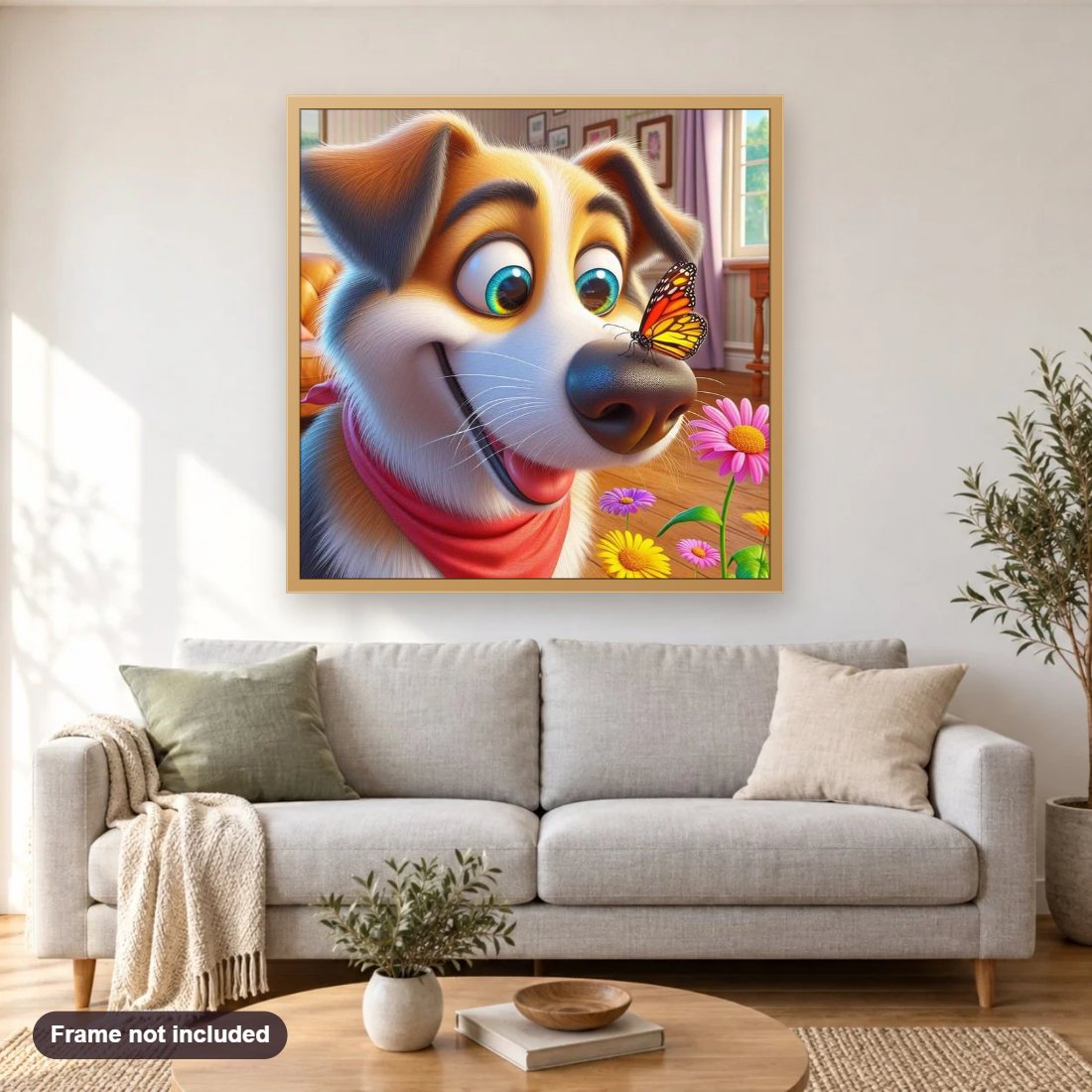 Dog's Gleeful Game with Butterfly diamond painting shown framed on a living room wall above a sofa