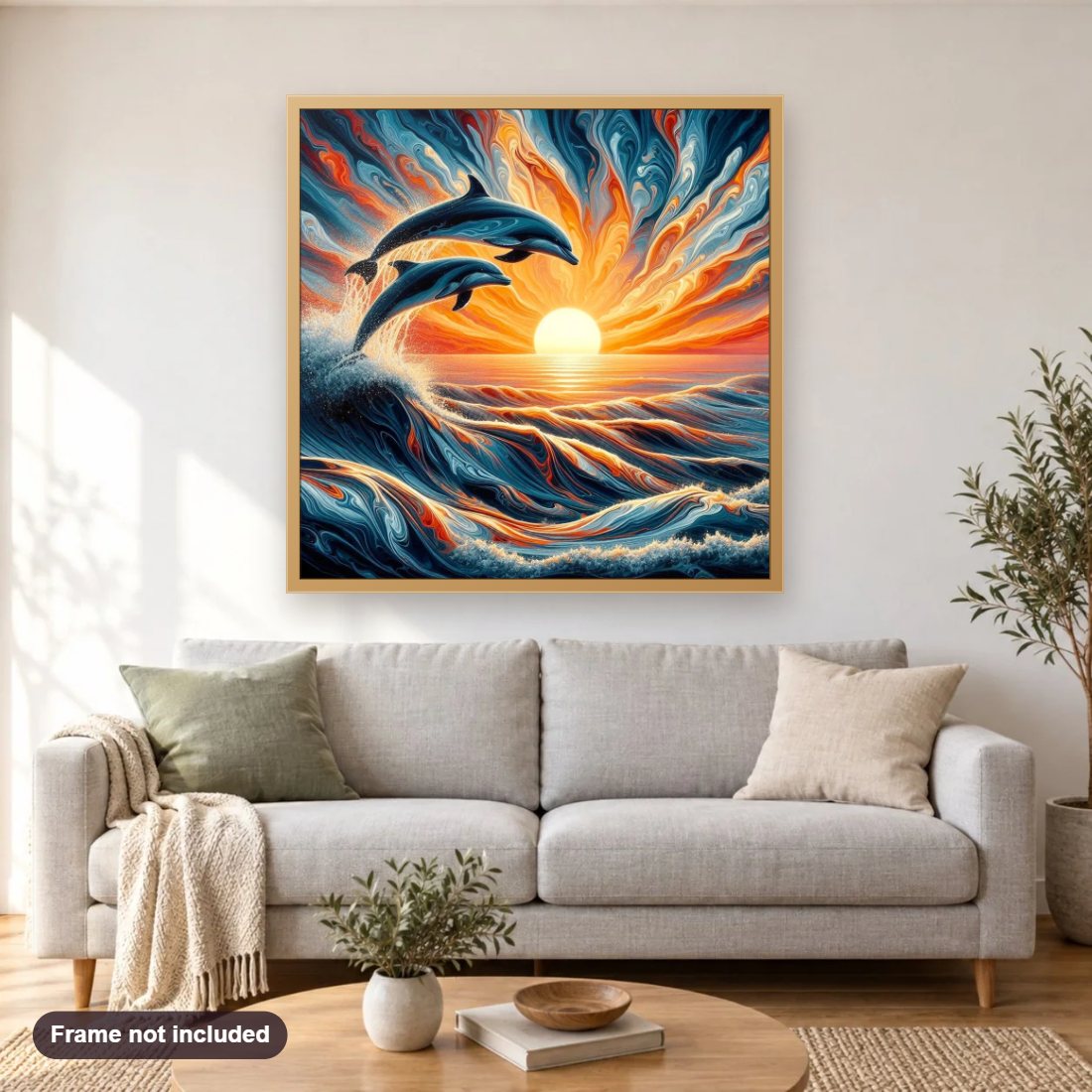 Dolphin Delight in a Vibrant Sea diamond painting shown framed on a living room wall above a sofa
