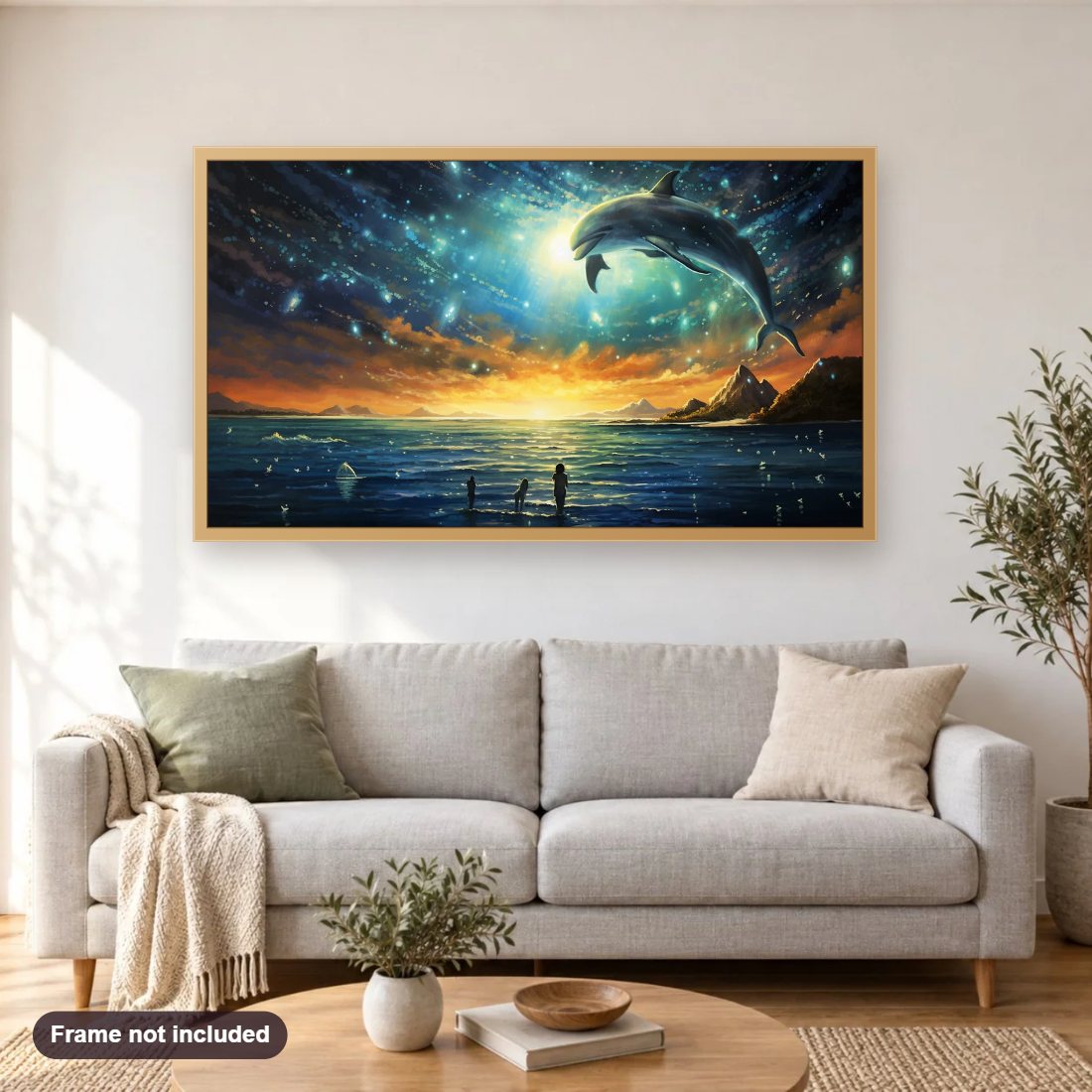 Dolphin Jumping in a Starry Night diamond painting shown framed on a living room wall above a sofa