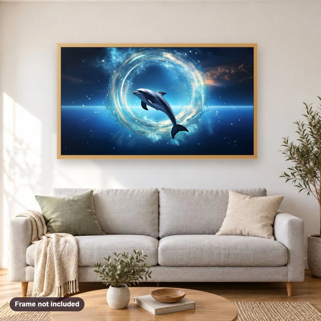 Dolphin's Joyful Jump in the Deep Blue Sea diamond painting shown framed on a living room wall above a sofa