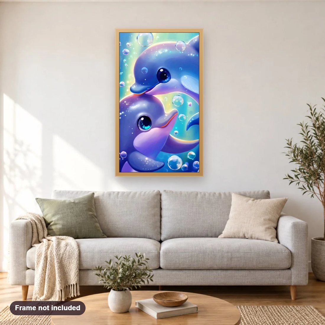 Dolphin's Grace and Glee Beneath the Waves diamond painting shown framed on a living room wall above a sofa