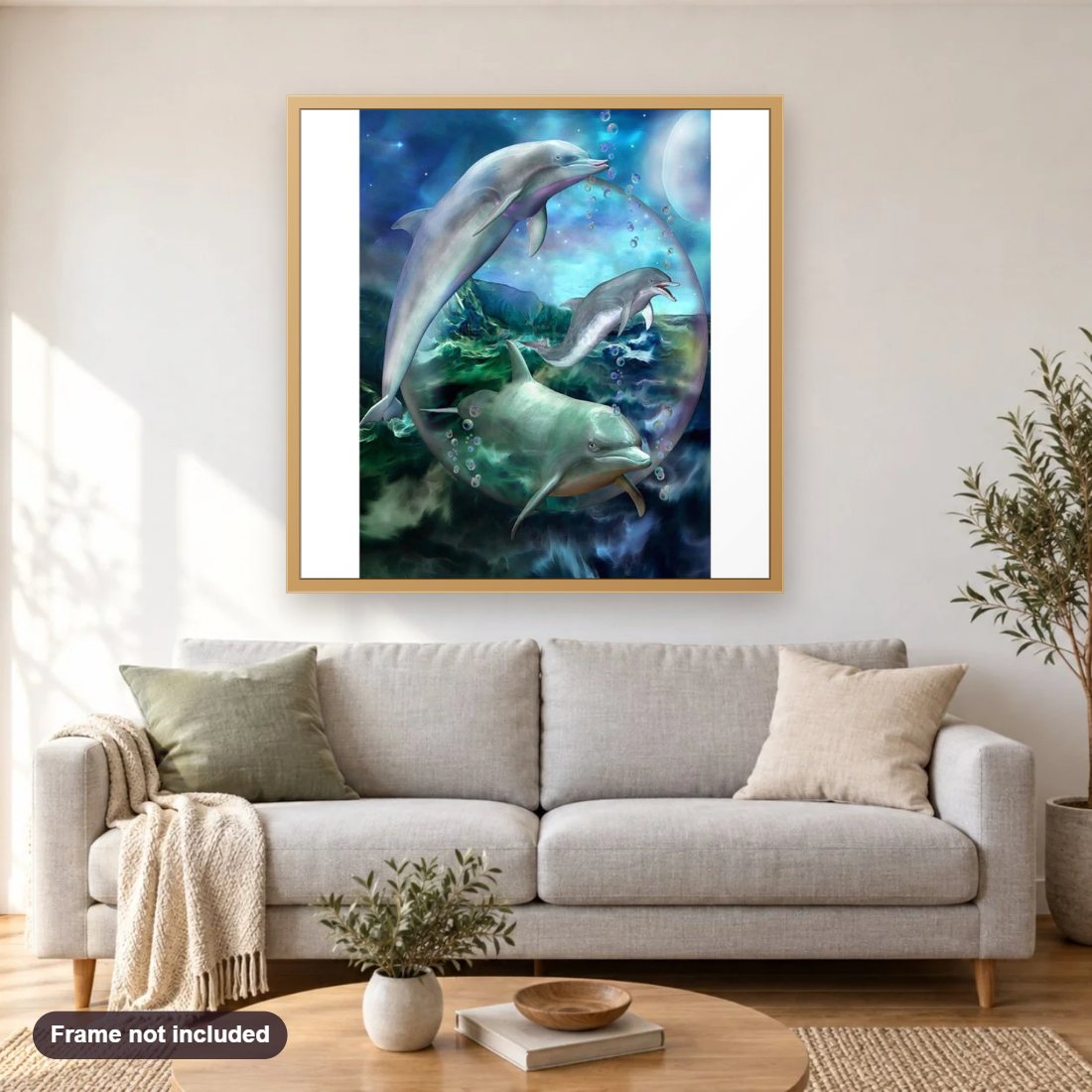 Dolphins In Ocean Bubble diamond painting shown framed on a living room wall above a sofa