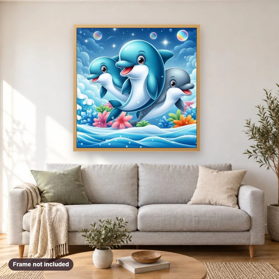 Dolphins Leaping with Happiness diamond painting shown framed on a living room wall above a sofa