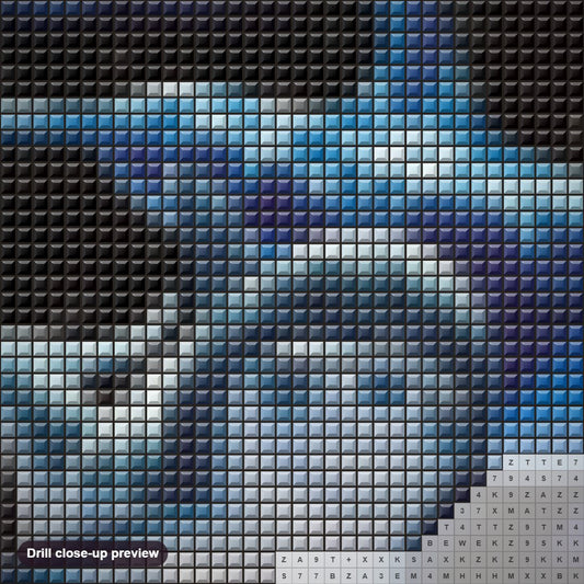 Close-up preview of the Dolphins Swimming in Space diamond painting with square 5D drills and printed canvas symbols