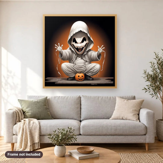 Don't Be Scared diamond painting shown framed on a living room wall above a sofa
