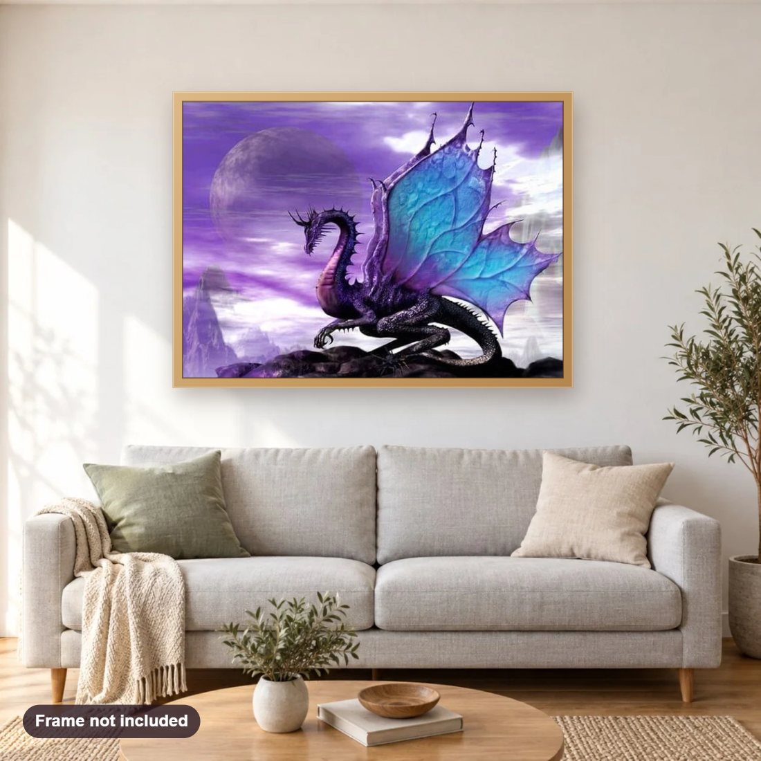 Dragon diamond painting shown framed on a living room wall above a sofa