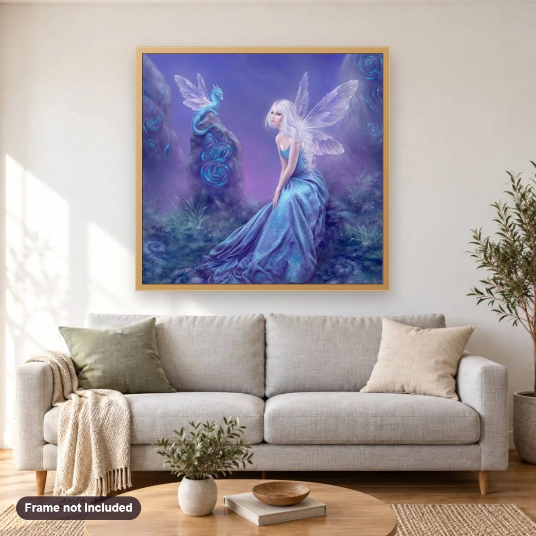 Dragon & Fairy Art diamond painting shown framed on a living room wall above a sofa
