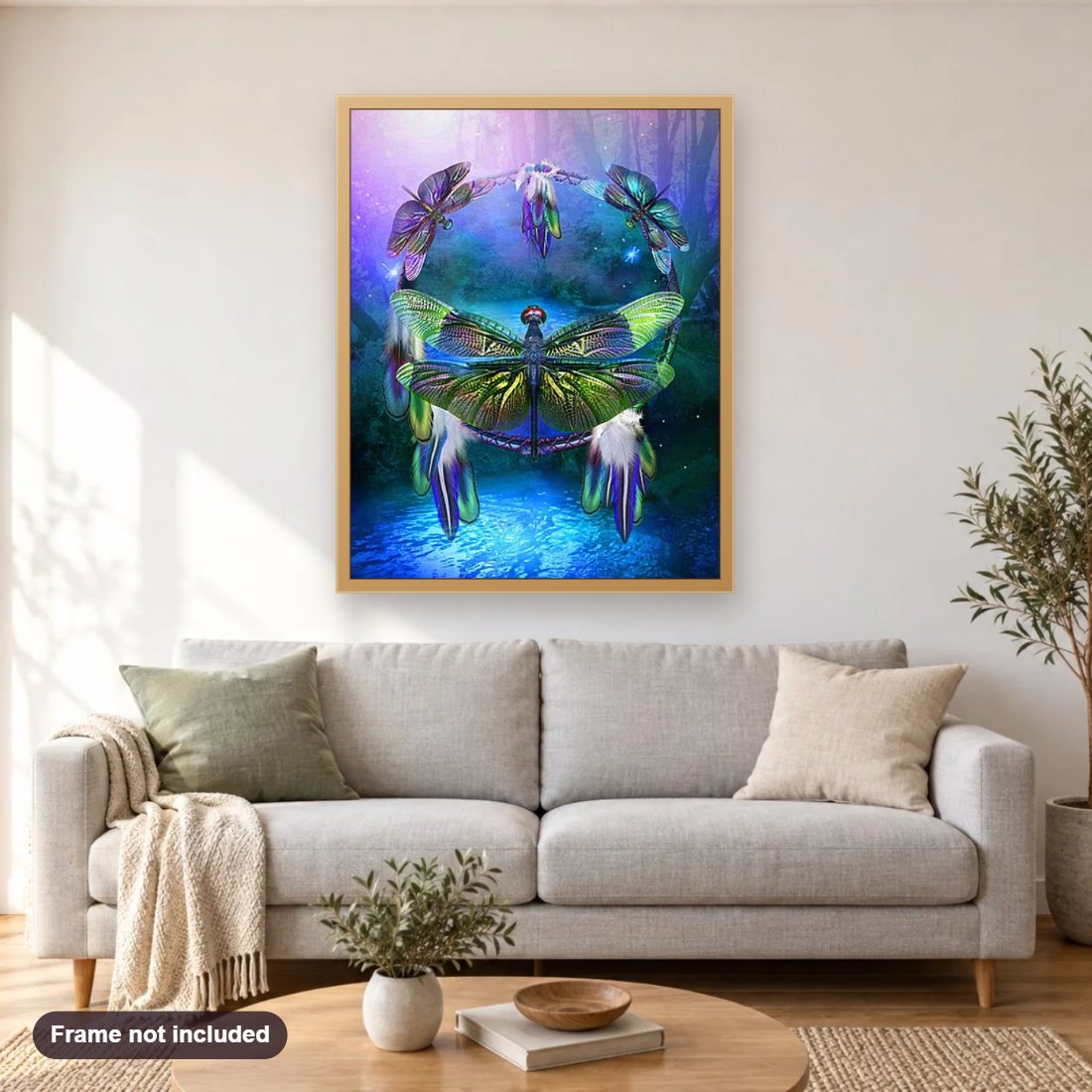 Dragon Fly Dream Catcher diamond painting shown framed on a living room wall above a sofa
