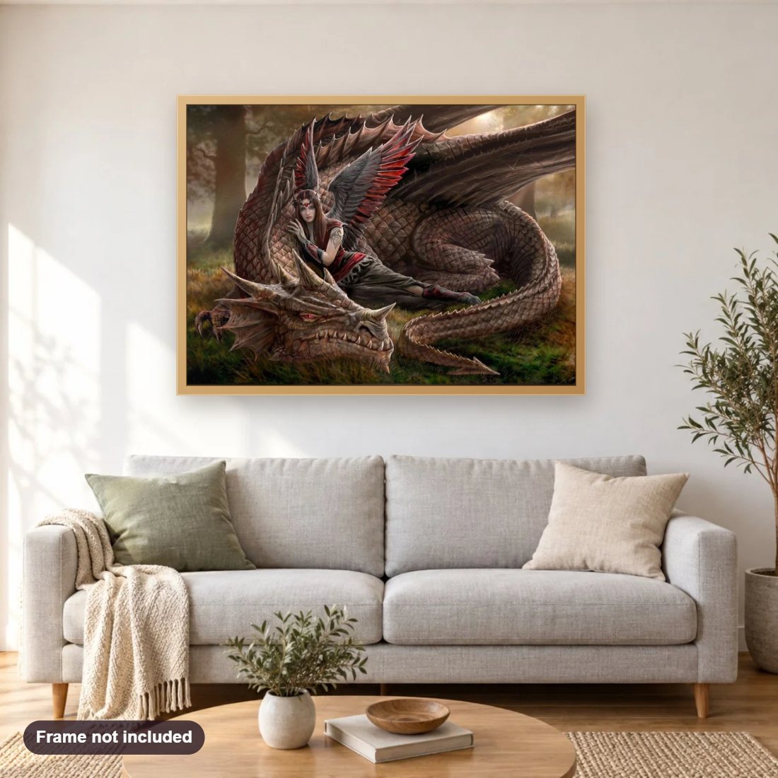 Dragon & Queen diamond painting shown framed on a living room wall above a sofa