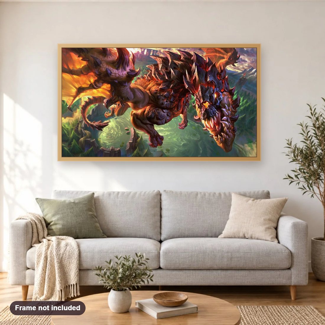 Dragon Slayer diamond painting shown framed on a living room wall above a sofa