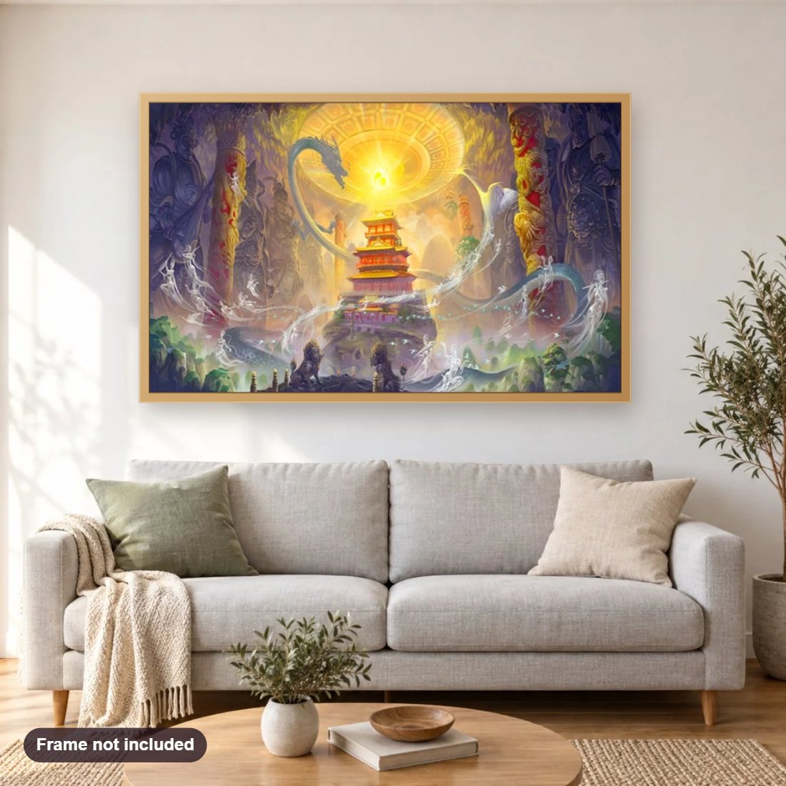Dragon Treasure diamond painting shown framed on a living room wall above a sofa