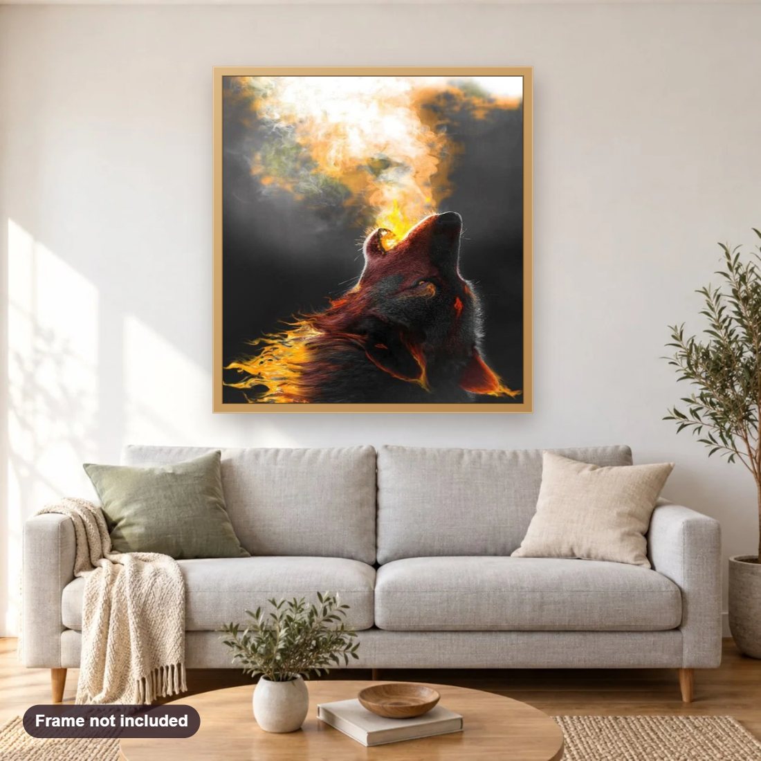 Dragon Wolf Blowing Fire diamond painting shown framed on a living room wall above a sofa
