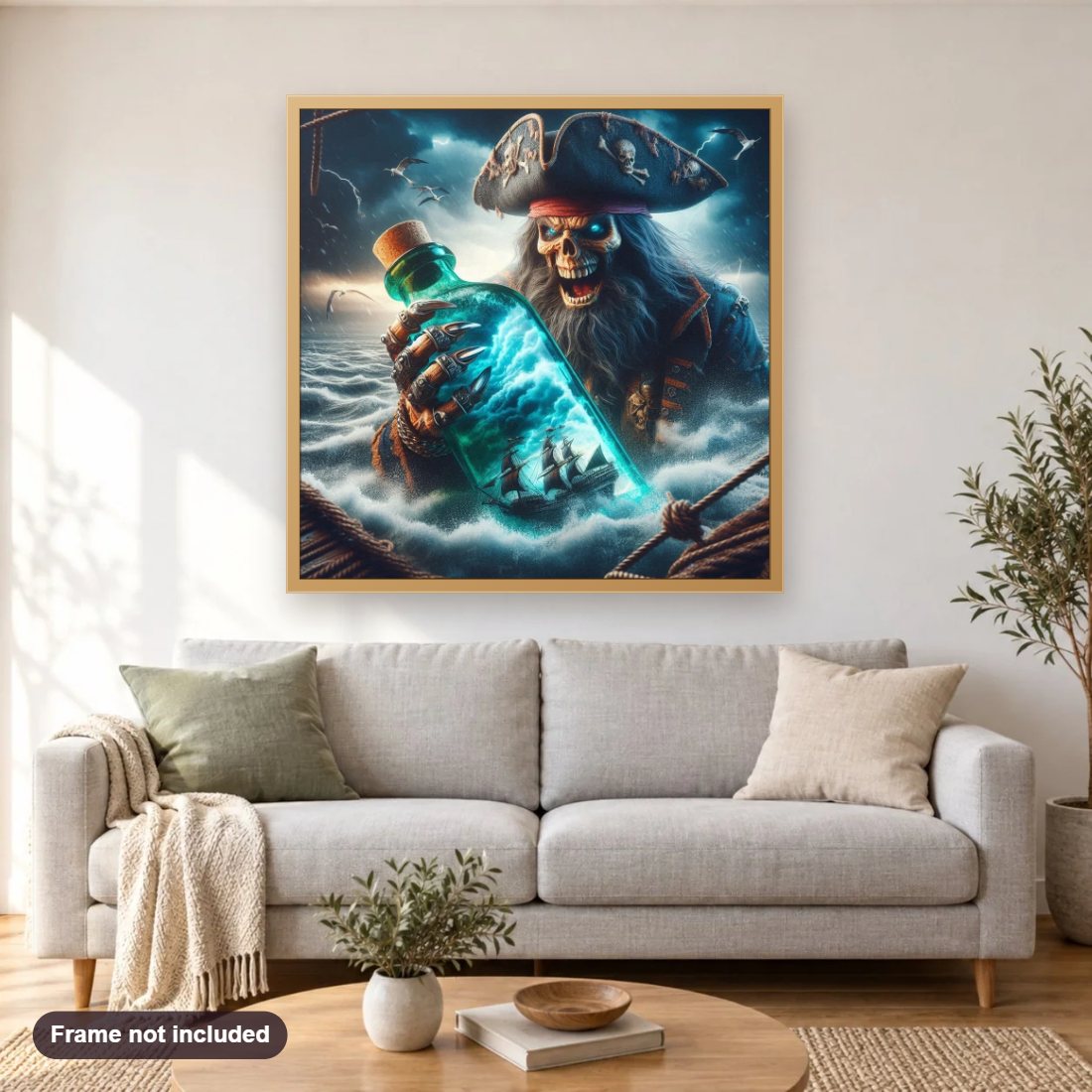 Dread Pirate's Ship in a Bottle diamond painting shown framed on a living room wall above a sofa