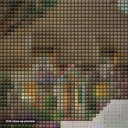 Close-up preview of the Dream Cottage diamond painting with square 5D drills and printed canvas symbols