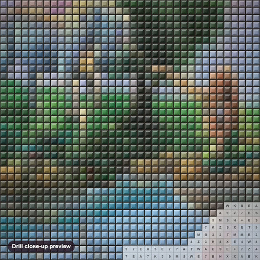 Close-up preview of the Dream Island diamond painting with square 5D drills and printed canvas symbols